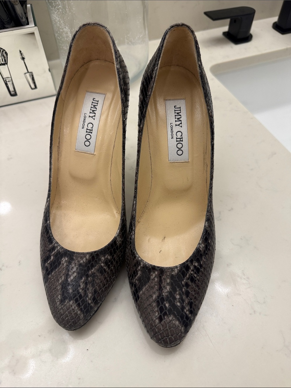 Jimmy Choo Black and Gray Snake-Print Leather Pumps